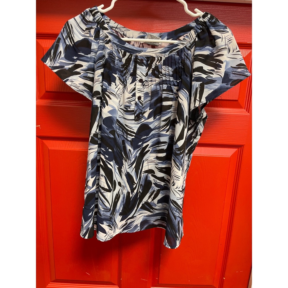 Fred David Petite Blue Abstract Brushstroke Pleated Neck Blouse Top PL